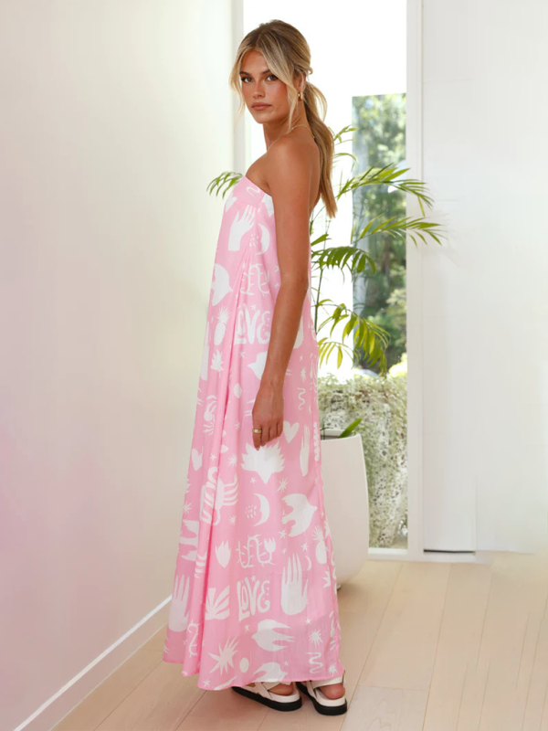 Stella - Tropical Print Strapless Maxi Dress with Flowy Design