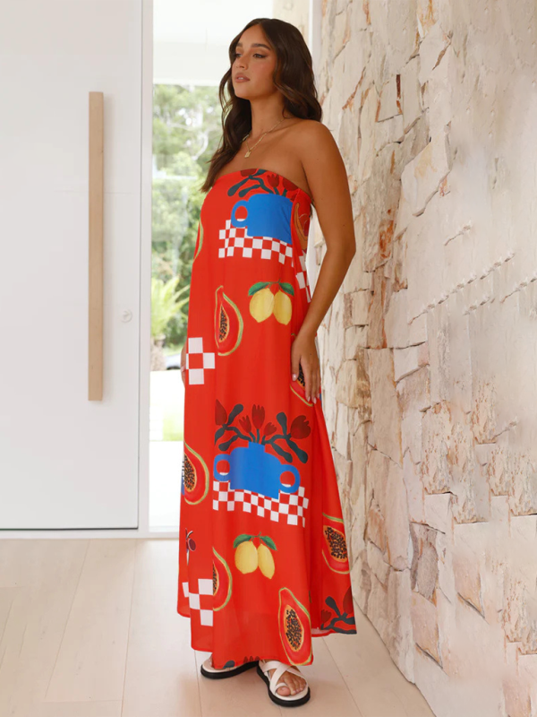 Stella - Tropical Print Strapless Maxi Dress with Flowy Design