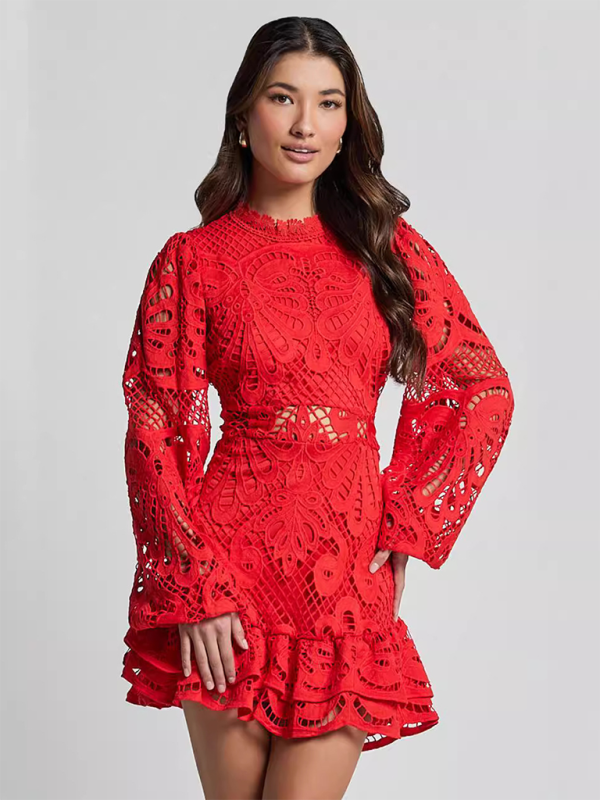 Louisa - Floral Lace A-line Dress with Ruffle Hem and Long Sleeves