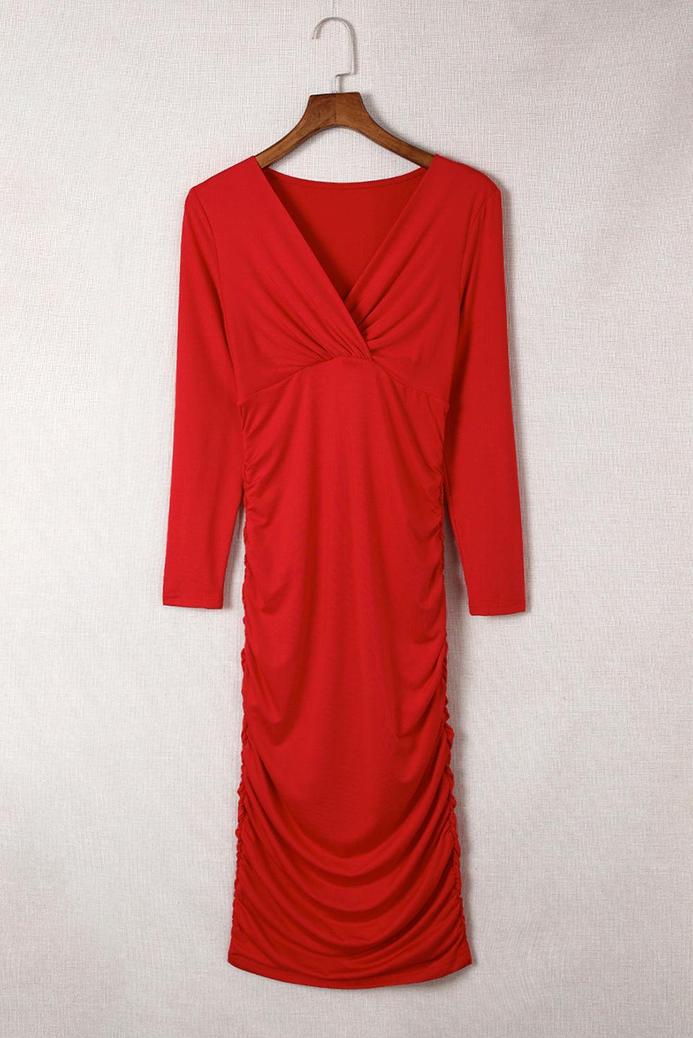 Sybil - Long Sleeve Wrap V-Neck Ruched Sheath Dress