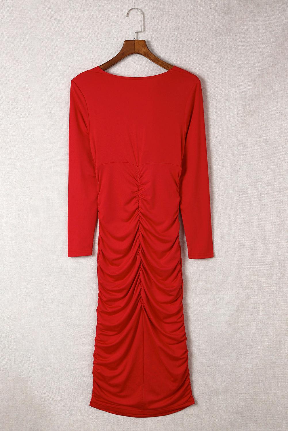 Sybil - Long Sleeve Wrap V-Neck Ruched Sheath Dress