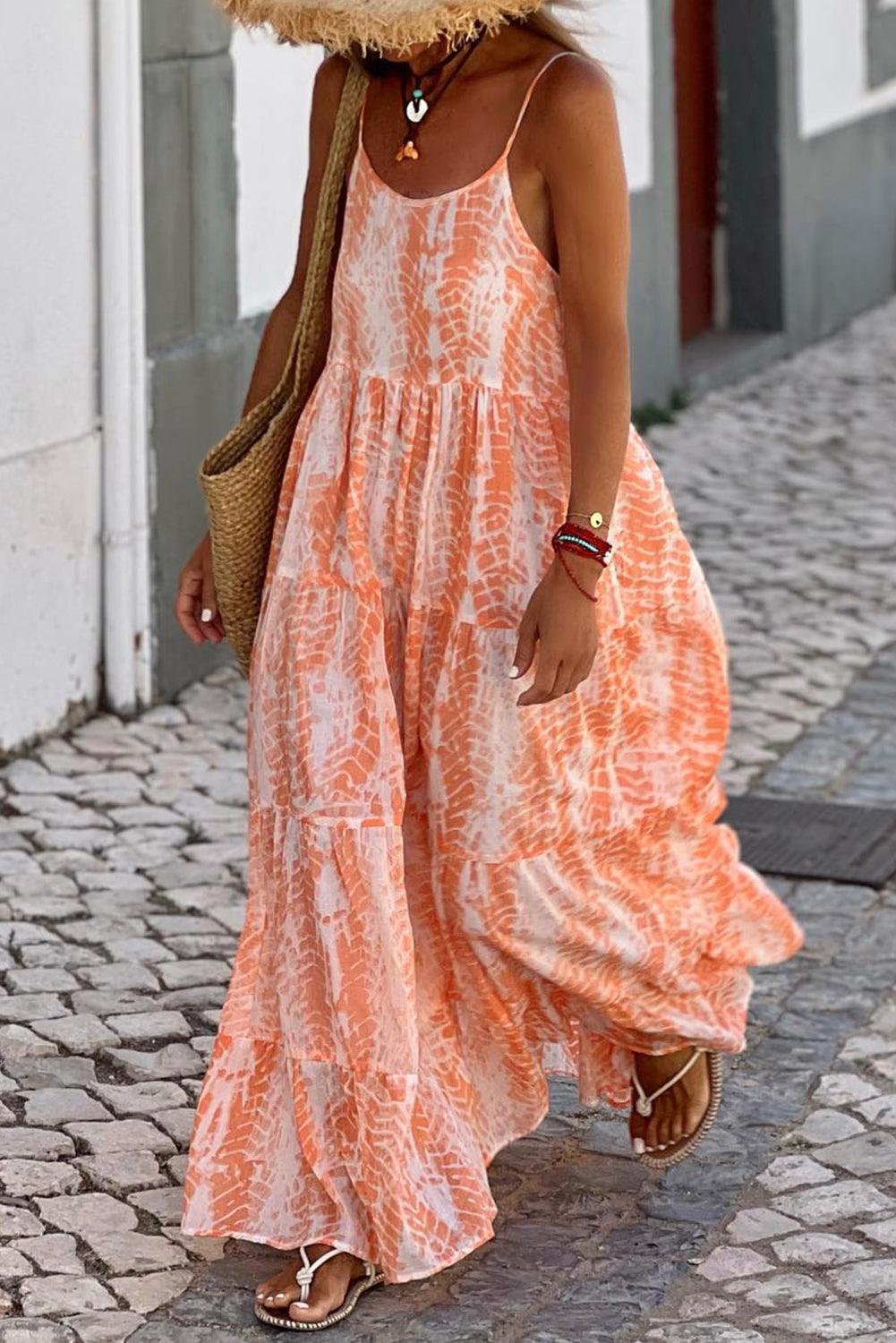 Kaitlyn - Orange Patterned Spaghetti Strap Maxi Dress