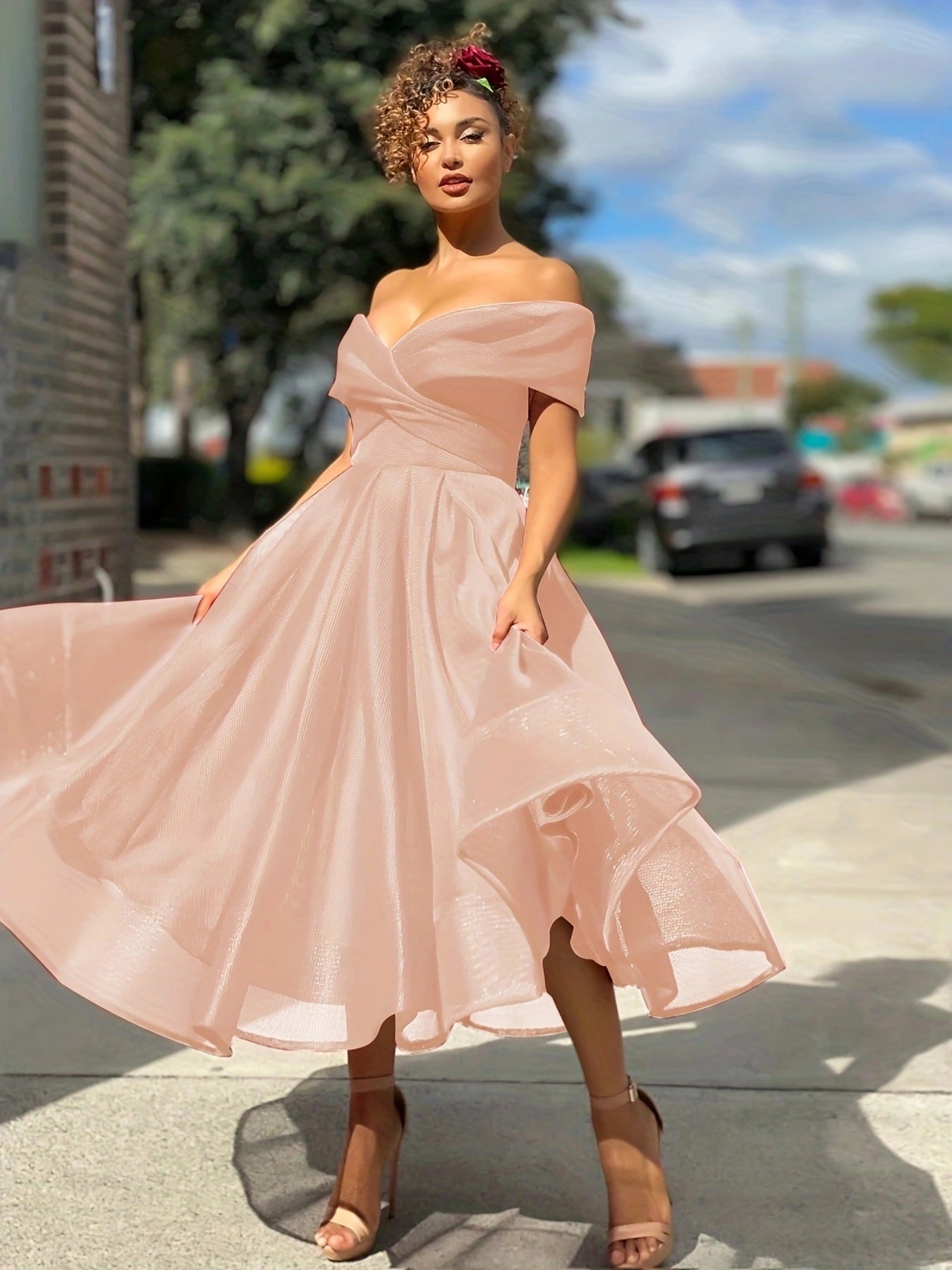 Valentina - Women’s Off-Shoulder A-Line Midi Dress with Fitted Waist