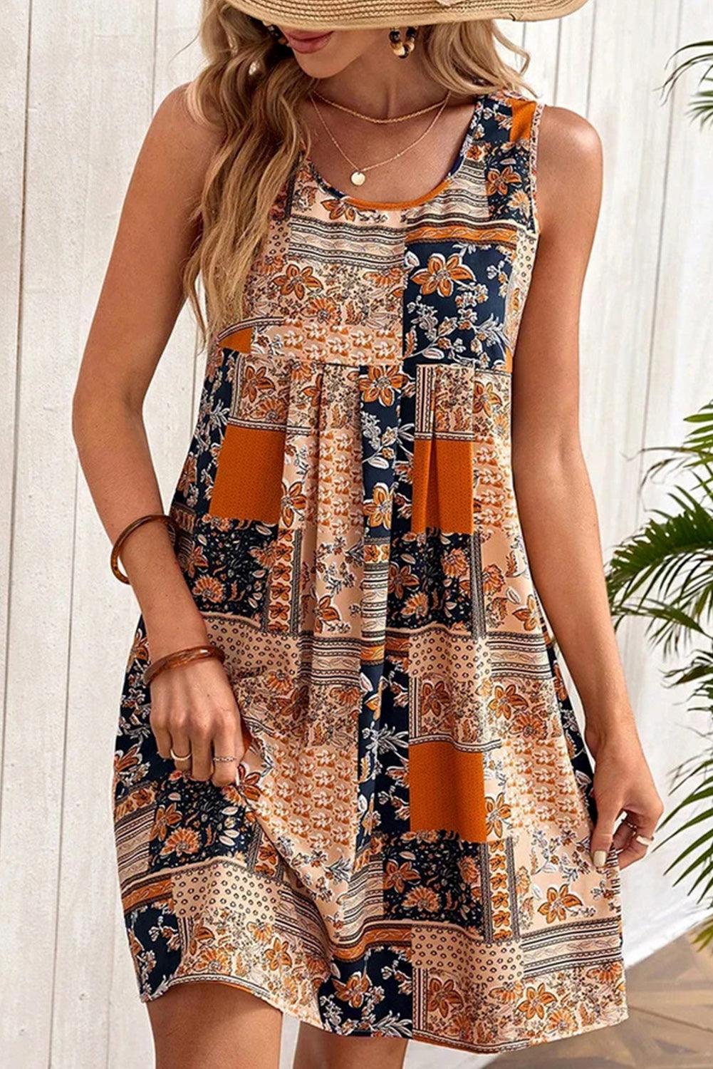 Jacinta - Retro Floral Patchwork Sleeveless Mini Dress