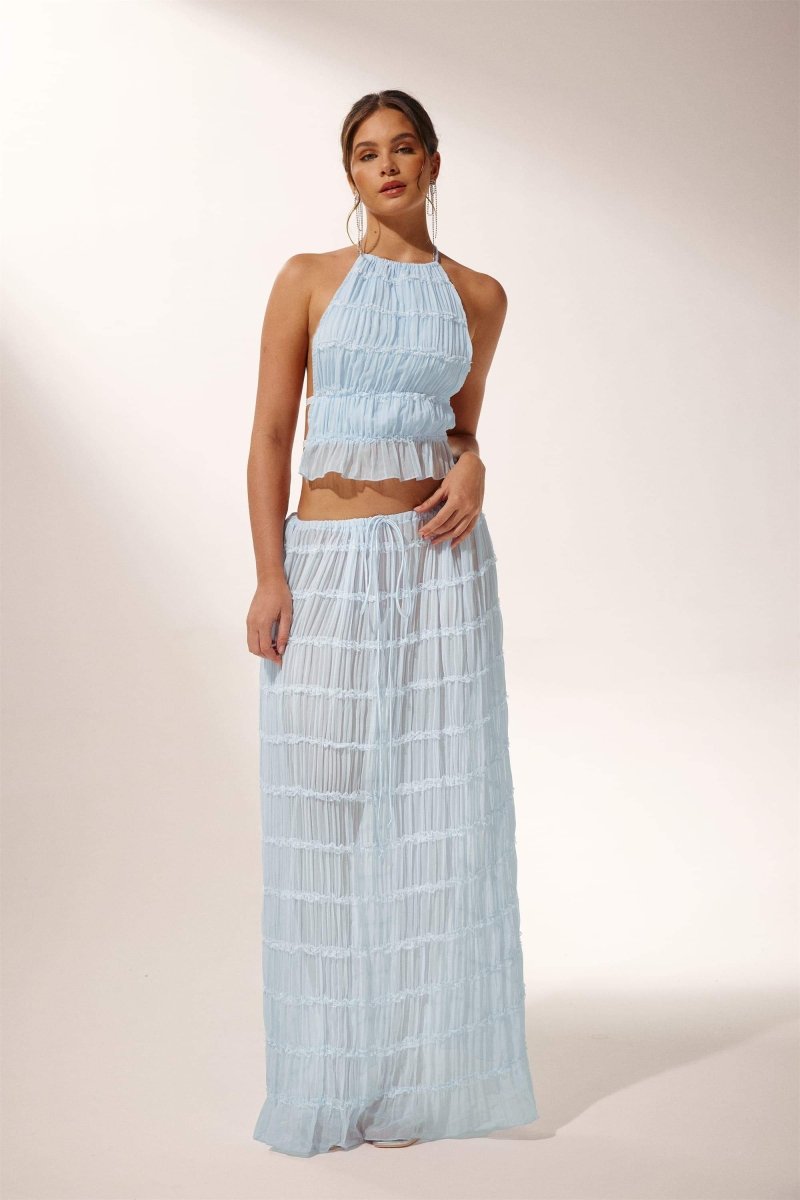 Dacia - Backless Pleated Two-Piece Set Blue Spring Outfit