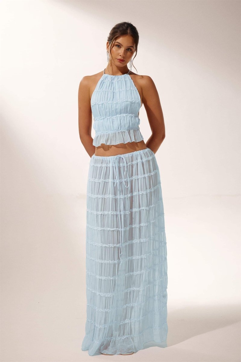 Dacia - Backless Pleated Two-Piece Set Blue Spring Outfit