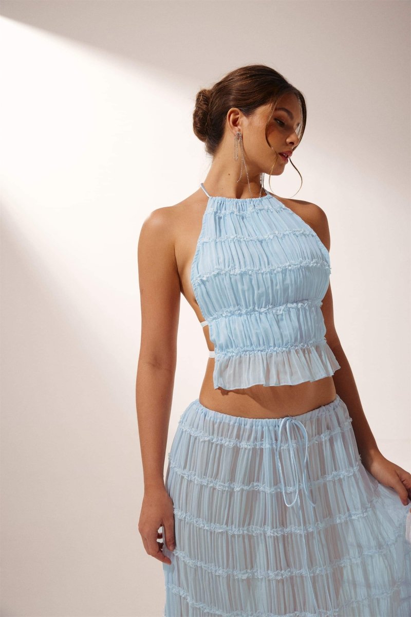 Dacia - Backless Pleated Two-Piece Set Blue Spring Outfit