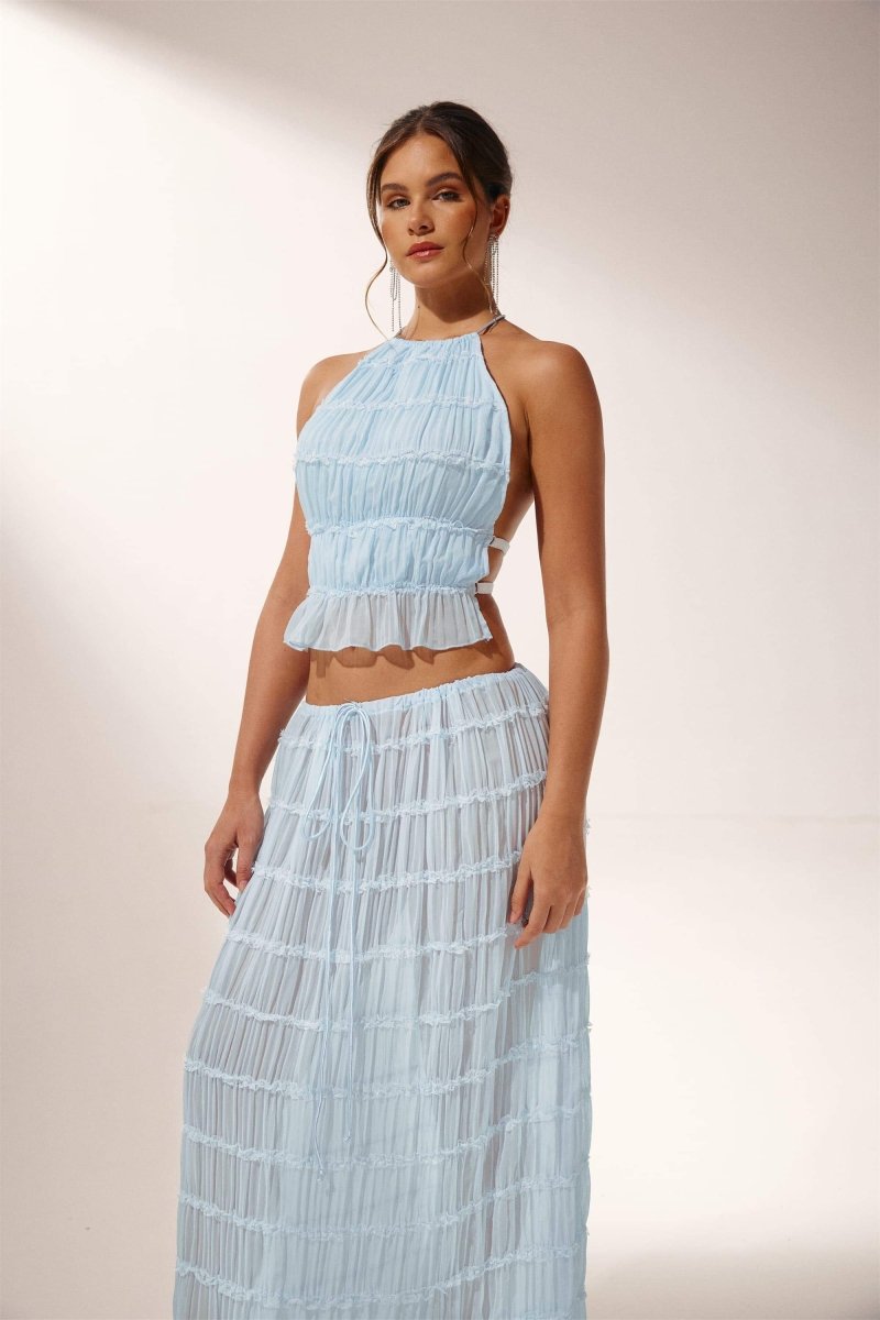 Dacia - Backless Pleated Two-Piece Set Blue Spring Outfit