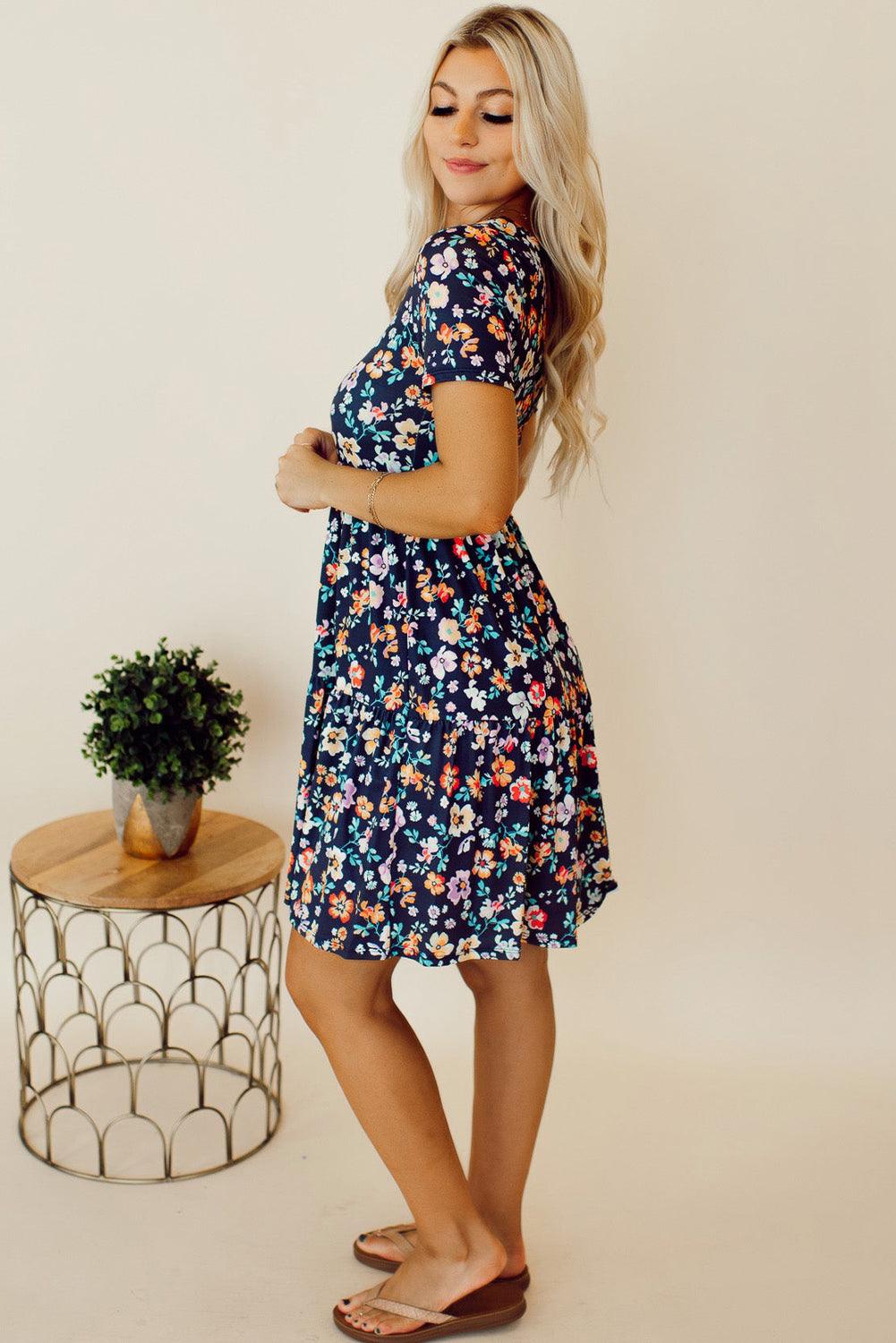 Meredith - Short Sleeve A-line Floral Dress