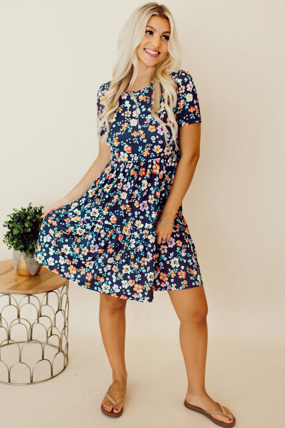 Meredith - Short Sleeve A-line Floral Dress