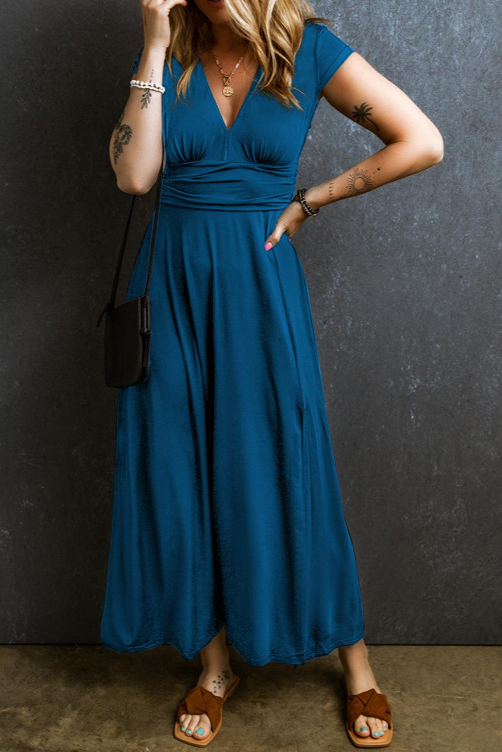 India - Short Sleeve Shirred V Neck Maxi Dress