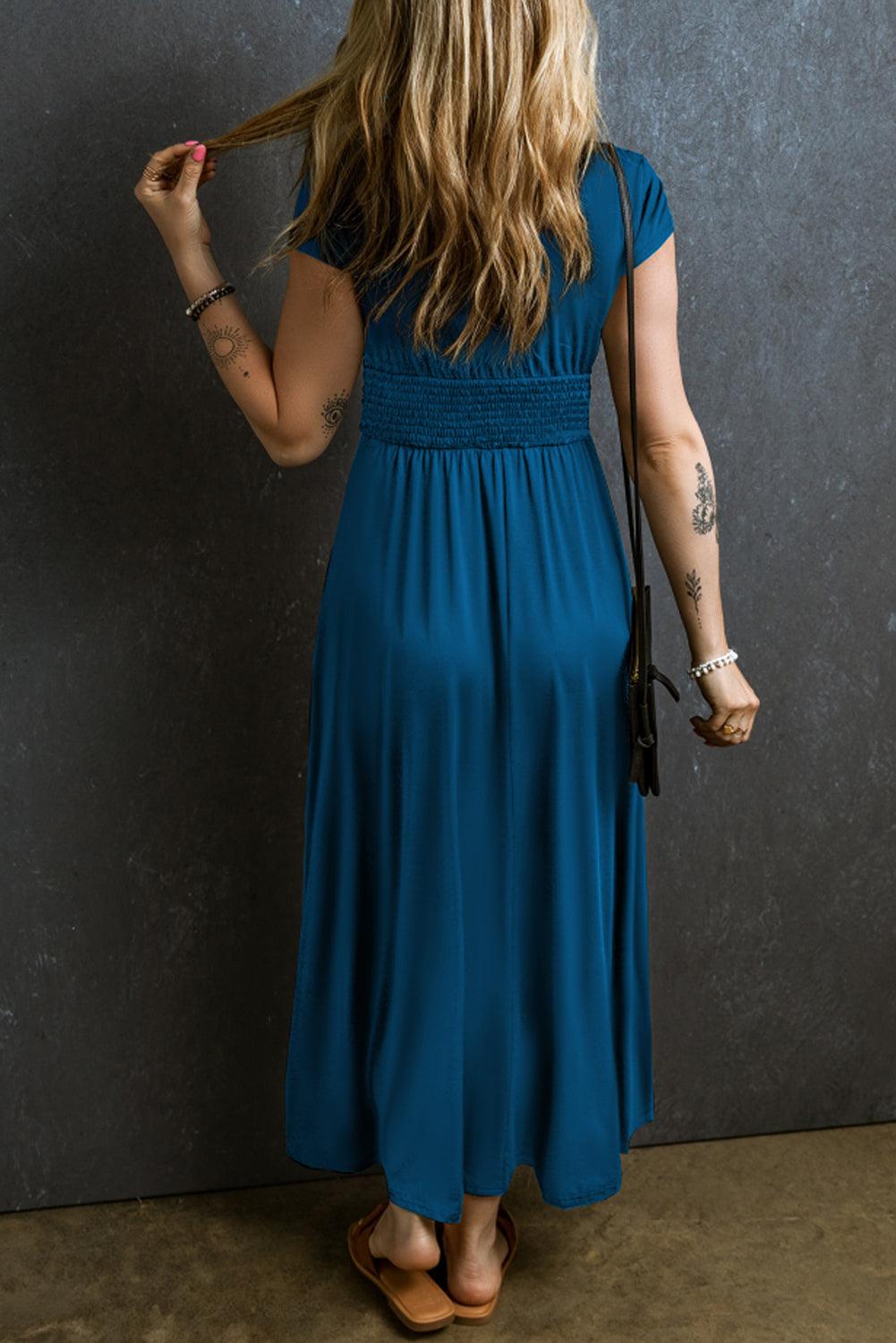 India - Short Sleeve Shirred V Neck Maxi Dress