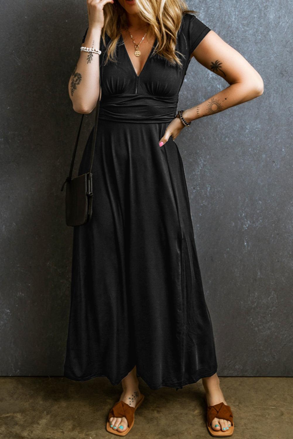 India - Short Sleeve Shirred V Neck Maxi Dress