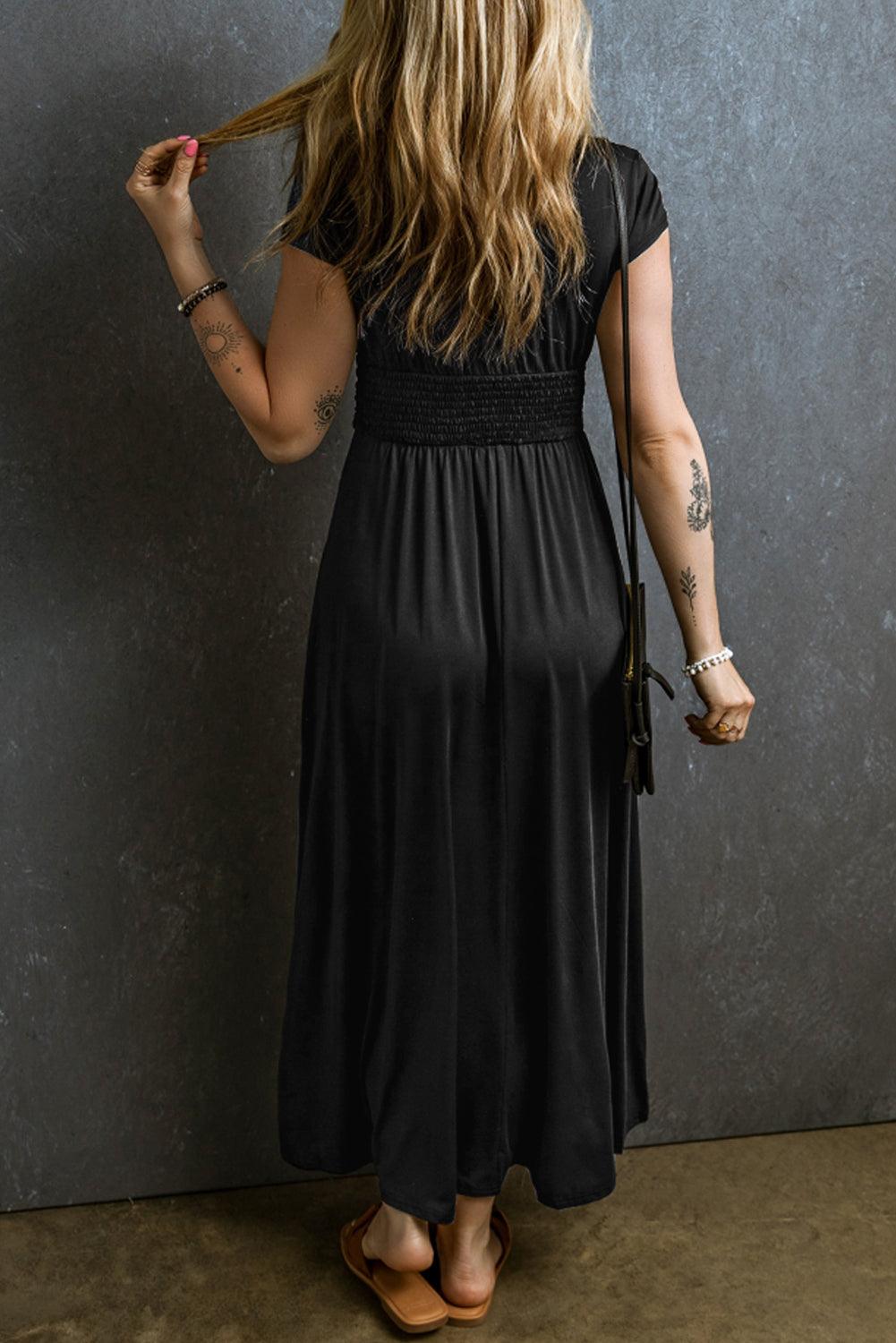 India - Short Sleeve Shirred V Neck Maxi Dress