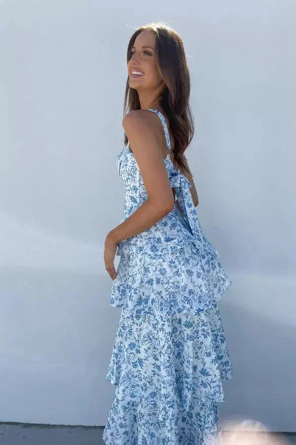Audrey - Women’s Tiered Floral Maxi Dress with Bow Back and Shoulder Straps