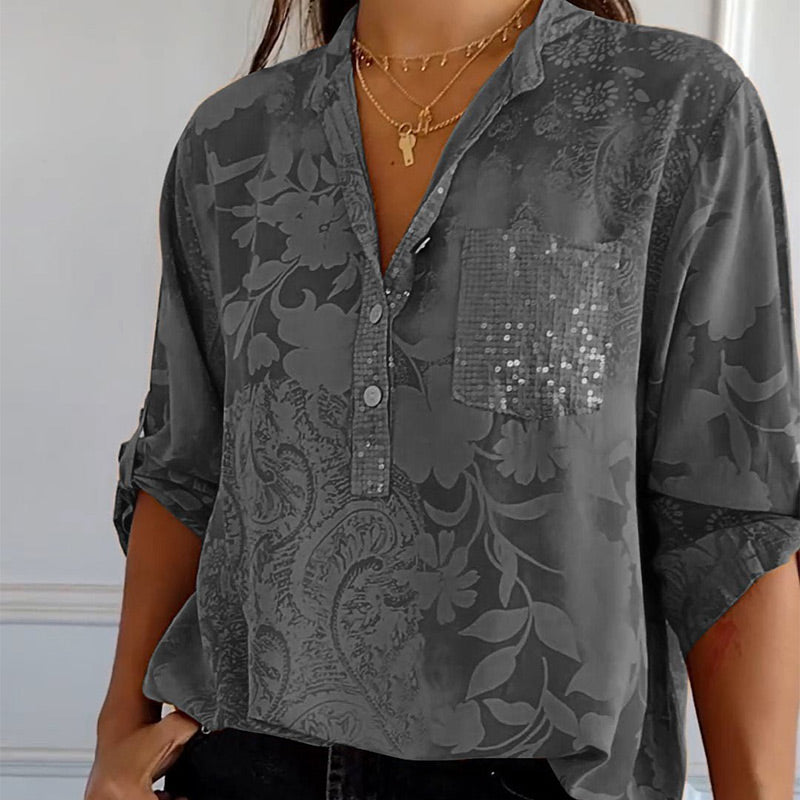 Elena - Floral Shimmer V-Neck Pocket Top