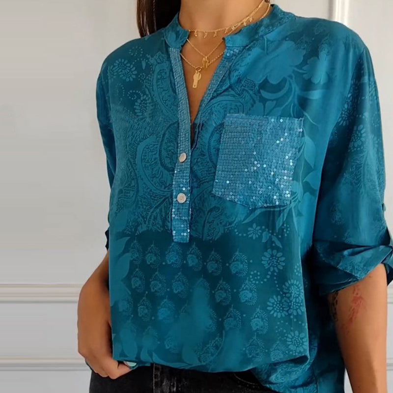 Elena - Floral Shimmer V-Neck Pocket Top