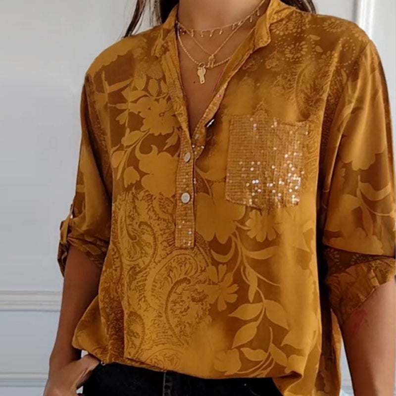 Elena - Floral Shimmer V-Neck Pocket Top