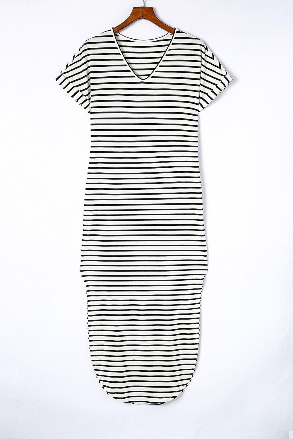 Holly - Striped Side Split V Neck Maxi Dress with Short Sleeves