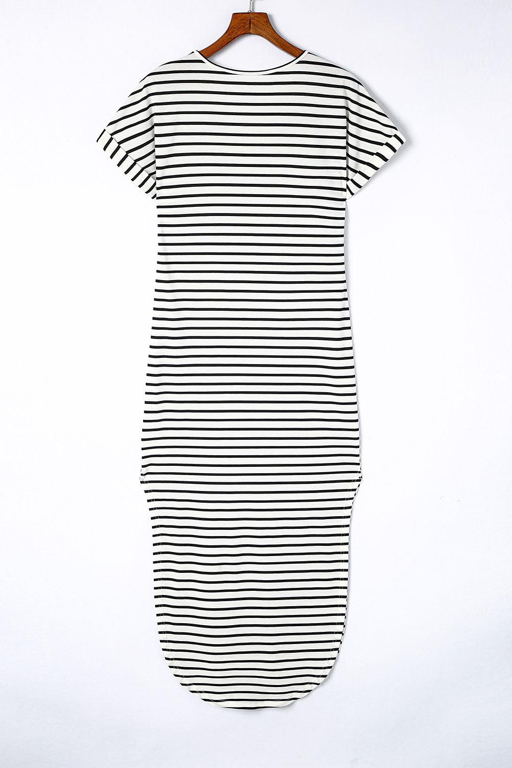 Holly - Striped Side Split V Neck Maxi Dress with Short Sleeves