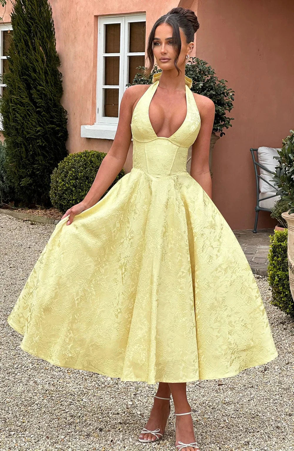 Eleanor - Women’s Yellow Halter Dress with Pleated Skirt