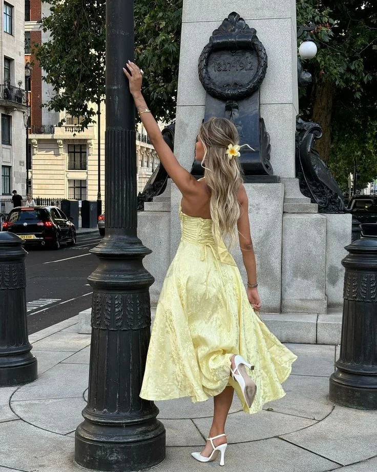 Eleanor - Women’s Yellow Halter Dress with Pleated Skirt
