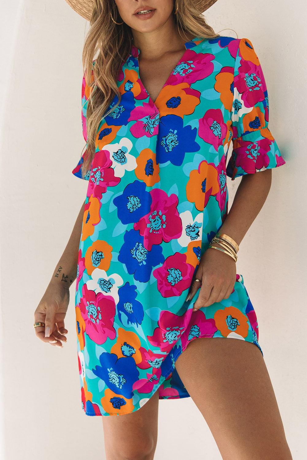 Mila - V-Neck Ruffle Sleeve Floral Shift Dress