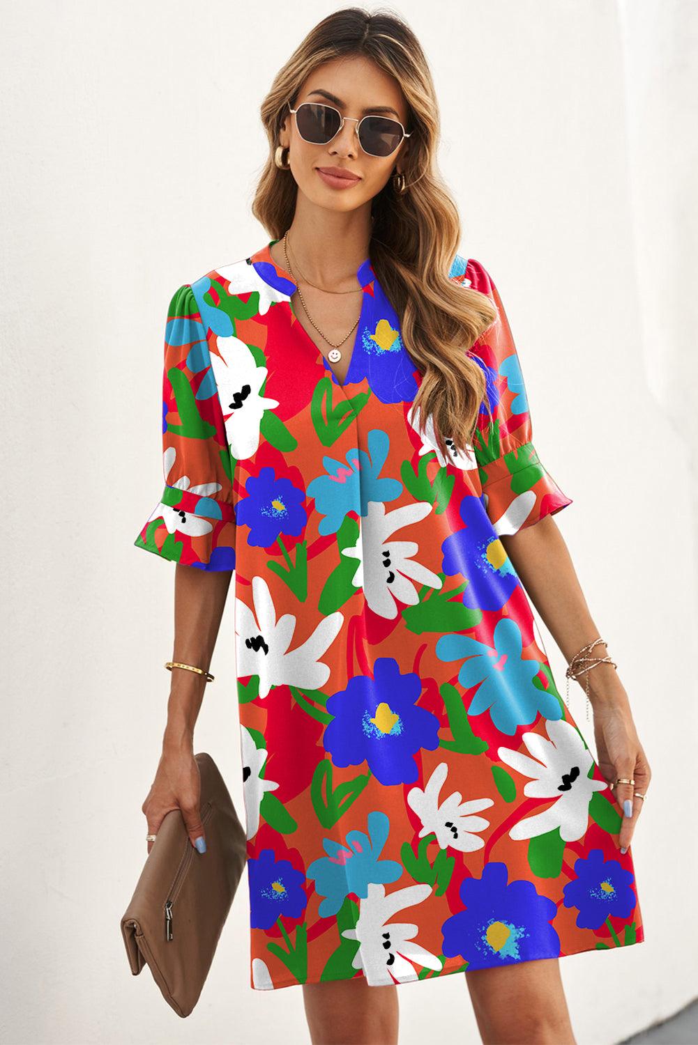 Mila - V-Neck Ruffle Sleeve Floral Shift Dress