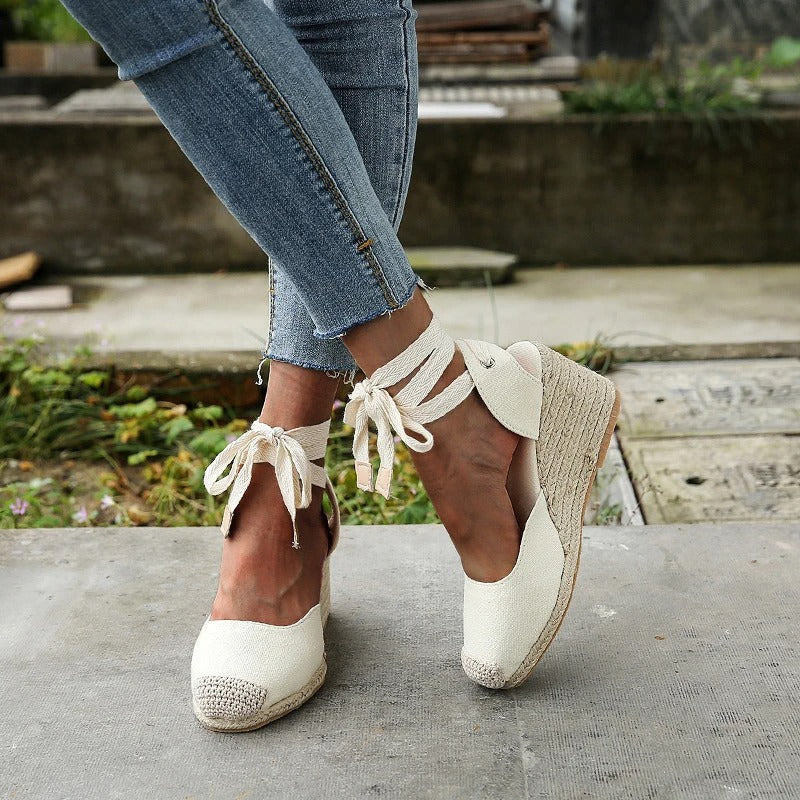 Ava – Tie-Up Lace Wedge Sandals with Espadrille Heel