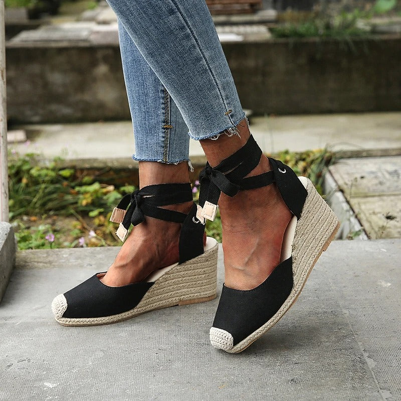 Ava – Tie-Up Lace Wedge Sandals with Espadrille Heel