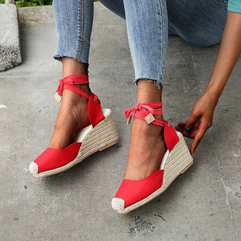 Ava – Tie-Up Lace Wedge Sandals with Espadrille Heel